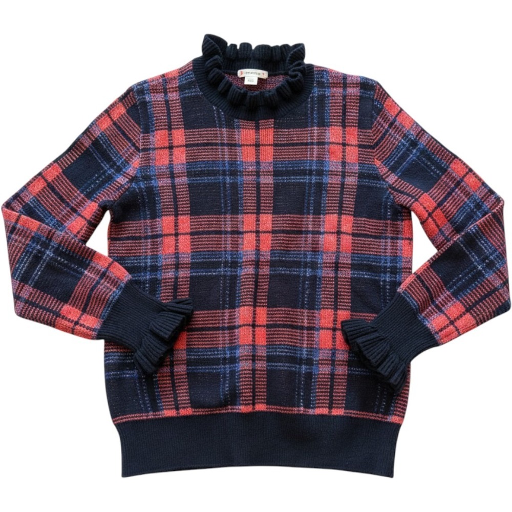 Crewcuts Girls Navy Red Plaid Ruffle Neck Metallic Knit Sweater Size 12